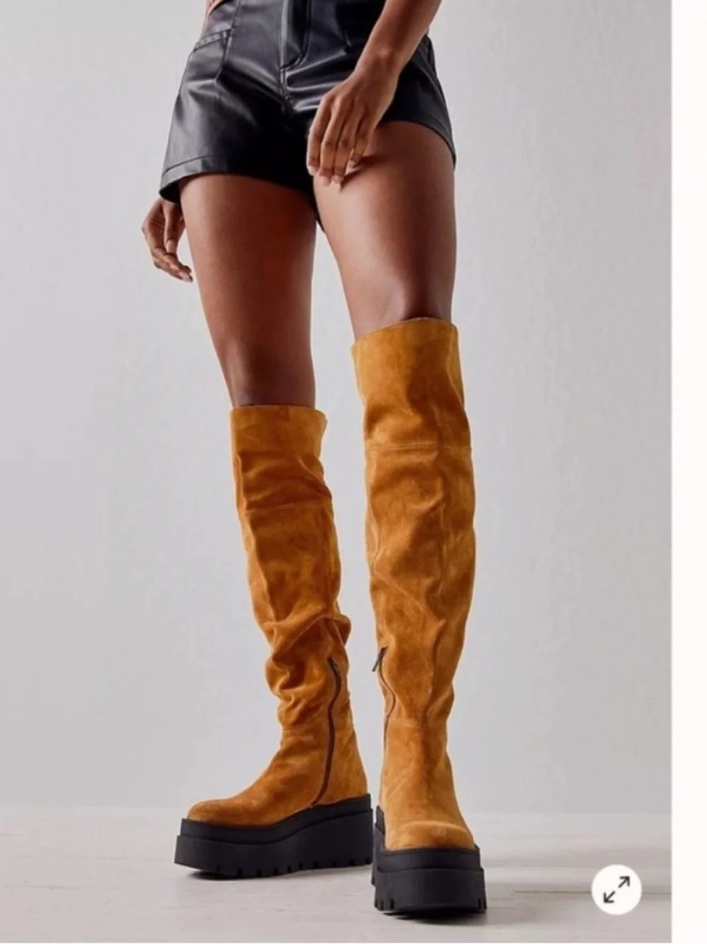 Free People Over-the-Knee Suede Platform Boots in Mustard